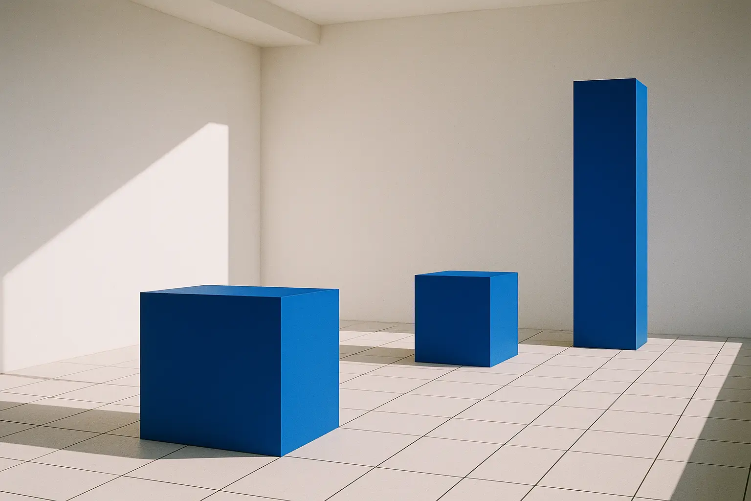 Cobalt geometric blocks on a white studio grid